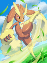  1girl absurdres black_sclera closed_mouth clouds cloudy_sky colored_sclera commentary_request crescent_moon day full_body furry furry_female grass highres holding looking_at_viewer lopunny moon nene_(neneneno_nenene) other_focus outdoors pink_eyes pokemon pokemon_(creature) pokemon_focus sky smile solo watermark yellow_fur 
