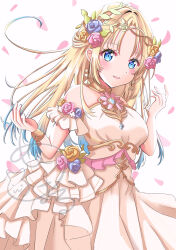  1girl :d absurdres blonde_hair blue_eyes blue_flower blue_hair blush breasts commentary dress dress_flower english_commentary flower gradient_hair hair_flower hair_ornament highres looking_at_viewer love_live! love_live!_hasu_no_sora_jogakuin_school_idol_club maymaru medium_breasts multicolored_hair open_mouth osawa_rurino perennial_(love_live!) pink_flower sleeveless sleeveless_dress smile solo white_dress yellow_flower 