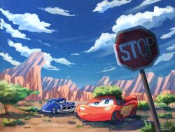  amazou artist_name blue_eyes blue_sky car cars_(movie) closed_mouth commentary_request desert doc_hudson hudson_hornet lightning_mcqueen motor_vehicle no_humans outdoors race_vehicle racecar road_sign sign sky stop_sign tree vehicle_focus 