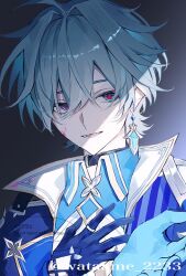  1boy ahoge armor belt belt_collar black_background black_belt black_gloves blood blood_on_clothes blood_on_face blue_gloves blue_shirt choker coat collar collared_shirt commentary_request ear_piercing earrings genshin_impact gloves gradient_background green_hair grey_background hair_between_eyes hair_intakes jewelry lohen_(genshin_impact) long_sleeves lower_teeth_only male_focus mole mole_under_eye multicolored_eyes multicolored_gloves parted_lips partially_shaded_face piercing shirt short_hair shoulder_armor single_earring solo teeth twitter_username two-tone_gloves upper_body wataame_2233 
