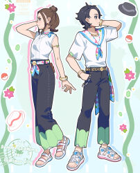  1boy 1girl alternate_costume armlet belt black_hair bracelet brown_hair chain_belt closed_mouth eyelashes hair_bun hand_in_pocket hand_up harmony_(pokemon) hat highres jewelry mixed-language_commentary pants paxton_(pokemon) pokemon pokemon_legends:_z-a sandals shirt short_sleeves sleeveless sleeveless_shirt toes unworn_hat unworn_headwear watermark white_shirt yasumi-sensei 