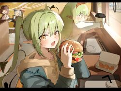  4girls aru_(blue_archive) blue_archive blue_jacket blush bow_hairband burger chicken_nuggets commentary_request cup demon_girl demon_tail disposable_cup drinking_straw eating fast_food food green_hair hairband halo highres hikari_(blue_archive) holding holding_burger holding_food hood hood_down hoodie hutomomo117 indoors jacket long_hair looking_at_viewer multiple_girls mutsuki_(blue_archive) nozomi_(blue_archive) open_clothes open_jacket open_mouth orange_hairband pointy_ears red_halo restaurant saliva sparkle sweatdrop tail tray twintails window yellow_eyes yellow_hoodie 