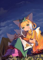  1girl absurdres animal_ear_fluff animal_ears apron arknights black_shoes blonde_hair bookmark campfire chinese_commentary closed_mouth collared_shirt commentary_request fire fox_ears fox_girl fox_tail full_body grass green_eyes green_hairband green_skirt hairband highres holding holding_notebook holding_pen kitsune knees_up kyuubi long_hair looking_at_viewer miaoneko multicolored_hair multiple_tails night notebook official_alternate_costume outdoors pen shirt shoes sitting skirt sky smile solo star_(sky) suzuran_(arknights) tail tent white_apron white_hair yellow_shirt 