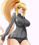  1girl black_panties breasts female gundam gundam_tekketsu_no_orphans impossible_clothes impossible_sweater kudelia_aina_bernstein kurobuchi_numama large_breasts lips long_hair panties pink_background ponytail ribbed_sweater scrunchie simple_background solo sweater underwear very_long_hair violet_eyes 