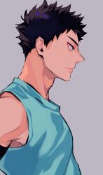  1boy bare_shoulders black_hair blue_eyes blue_shirt closed_mouth commentary_request frown grey_background haikyuu!! highres iwaizumi_hajime male_focus mayurishindoh profile shirt short_hair simple_background sleeveless sleeveless_shirt solo spiky_hair upper_body very_short_hair 