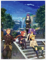  2boys 3girls absurdres blonde_hair blue_sky boots braid brown_hair brown_jacket clain_(fractale) closed_mouth enri_granite fractale green_shorts hidari_(left_side) highres jacket juliet_sleeves long_sleeves multiple_boys multiple_girls nessa_(fractale) official_art open_mouth phryne_(fractale) puffy_sleeves purple_hair scan shorts sitting sitting_on_stairs sky stairs sunda_granite thigh_boots third-party_source twin_braids violet_eyes 