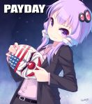  1girl belt blazer blueberry_(5959) dallas_(cosplay) dallas_(payday) gun hair_ornament long_hair low_twintails mask payday:_the_heist payday_(series) purple_hair shirt smile solo twintails violet_eyes vocaloid voiceroid weapon yuzuki_yukari 