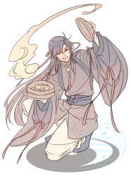  1boy adapted_costume ahoge alternate_costume bamboo_steamer black_changpao black_hair black_robe black_sash black_shoes bow changpao chinese_clothes cleavage_cutout clothing_cutout earrings floral_print food full_body grandmaster_of_demonic_cultivation grey_eyes grin hair_down hair_ribbon half_updo holding holding_bamboo_steamer holding_food izumisanxxx jewelry limited_palette long_hair long_sleeves looking_at_viewer male_focus mandarin_collar official_alternate_hairstyle on_one_knee pale_colors pants red_bow red_eyes red_ribbon ribbon robe sash shoes simple_background sleeve_bow smile smoke solo squatting steam steamed_bun tangzhuang tassel tassel_earrings twitter_username very_long_hair watermark wei_wuxian wei_wuxian_(yiling_laozu) white_background white_pants wide_sleeves 
