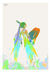 1girl abstract absurdres black_hair black_pants border character_name chinese_clothes colored_extremities colorful earrings facing_away from_behind from_side full_body genshin_impact grey_background high_collar high_heels highres holding holding_removed_eyewear jewelry legs_together long_bangs long_hair looking_up paint_splatter pants ponytail red_ribbon ribbon simple_background solo tassel tassel_earrings unworn_eyewear white_border xianyun_(genshin_impact) 