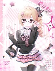  077777yuyuyu 1girl :o absurdres adjusting_eyewear agejo_gyaru ahoge animal_print bag belt black-framed_eyewear black_bag black_bow black_choker black_eyes black_sweater black_thighhighs blonde_hair bow cellphone choker collared_shirt commission cow cross cross_necklace drill_hair drill_ponytail glasses gyaru hair_bow hair_ornament handbag hands_up heart heart_o-ring hello_kitty hello_kitty_(character) highres holding holding_bag holding_phone inward_v jewelry lace-trimmed_skirt lace-trimmed_sleeves lace_trim latin_cross layered_skirt leopard_print long_hair long_sleeves looking_at_viewer mihuashi_commission miniskirt nail_polish necklace o-ring o-ring_choker original parted_lips phone pink_nails print_bow rectangular_eyewear sanrio shirt side_ponytail skirt sleeves_past_wrists smartphone solo star_(symbol) star_hair_ornament striped_background striped_bow sweater teardrop-framed_glasses thigh-highs too_many_watermarks v vertical-striped_background watermark white_belt x_hair_ornament y2k_fashion 