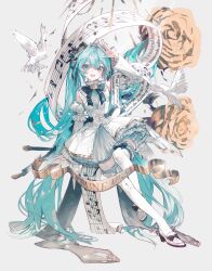 1girl absurdres aqua_eyes aqua_hair arm_up bird black_bow black_bowtie black_ribbon bow bowtie character_name chinese_commentary commentary_request detached_sleeves dove dress eyelashes flower footwear_bow full_body hair_ribbon hatsune_miku highres long_hair looking_at_viewer miku_symphony_(vocaloid) open_mouth ribbon rose sheet_music shoes sitting smile solo streamers symphony_miku symphony_miku_(2025) tareme teeth thigh-highs twintails upper_teeth_only very_long_hair vocaloid white_bird white_dress white_shoes white_sleeves white_thighhighs xiao_xia_pin_pan yellow_flower yellow_rose 
