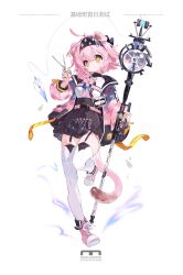  1girl a_lu absurdres animal_ears arknights black_hairband black_skirt bow braid cat_ears cat_girl cat_tail chinese_commentary commentary_request floppy_ears full_body goldenglow_(arknights) hair_bow hairband highres holding holding_scissors holding_staff jacket lightning_bolt_print long_hair long_sleeves looking_at_viewer object_in_pocket open_clothes open_jacket pink_hair pink_jacket pink_shoes pink_tail pocket print_hairband scissors shirt shoes simple_background skirt sneakers solo staff standing standing_on_one_leg tail thigh-highs white_background white_shirt white_thighhighs yellow_eyes 
