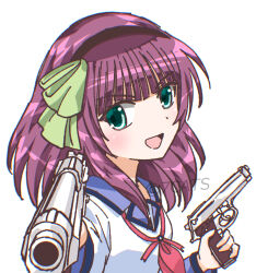  1girl 7cats :d aiming aiming_at_viewer angel_beats! black_hairband blue_sailor_collar blunt_bangs blush bow commentary dual_wielding green_bow green_eyes gun hair_bow hairband handgun hands_up holding holding_gun holding_weapon long_sleeves looking_at_viewer medium_hair nakamura_yuri open_mouth purple_hair sailor_collar sailor_shirt school_uniform serafuku shinda_sekai_sensen_uniform shirt smile solo twitter_username upper_body v-shaped_eyebrows weapon white_shirt 