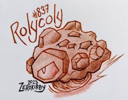  artist_name brown_theme commentary dated english_commentary full_body highres monochrome motion_blur motion_lines no_humans one-eyed pokedex_number pokemon pokemon_(creature) pokemon_focus rolycoly solo traditional_media wheel white_background zerokirbyarts 