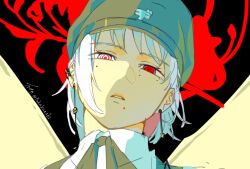  1girl blunt_bangs chainsaw_man collared_shirt death_devil_(chainsaw_man) ear_piercing earrings fami_(chainsaw_man) flower fourth_east_high_school_uniform from_below fukakueshi hat highres jewelry looking_at_viewer medium_hair mole mole_on_cheek mole_under_eye mole_under_mouth neck_ribbon peaked_cap piercing portrait red_eyes red_flower ribbon ringed_eyes school_uniform shirt sidelocks solo tassel tassel_earrings teeth upper_teeth_only white_hair 