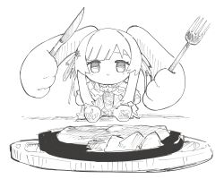 1girl butter_knife chibi chibi_only closed_mouth commentary_request food fork greyscale highres holding holding_fork holding_with_hair idolmaster idolmaster_shiny_colors ka3ann knife long_hair looking_at_viewer mochi_what! monochrome prehensile_hair simple_background sitting smile solo star_(symbol) star_in_eye steak symbol_in_eye twintails white_background yukoku_kiriko 