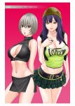  2girls blue_hair breasts brown_eyes chains cleavage crimson_comics hat highres large_breasts lips long_hair looking_at_viewer multiple_girls navel open_mouth short_hair silver_hair skirt smile standing 