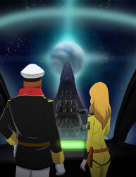  1boy 1girl bad_id belt black_jacket bodysuit brown_belt brown_hair gloves hand_on_own_hip hat indoors iwane_masaaki jacket kodai_susumu long_hair looking_ahead military military_uniform mori_yuki pants peaked_cap planet short_hair spacecraft spacecraft_interior standing star_(sky) uchuu_senkan_yamato uchuu_senkan_yamato_2202:_ai_no_senshi-tachi white_gloves white_hat white_pants yellow_bodysuit 