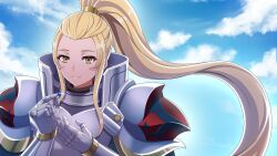  1girl armor artist_request black_armor blonde_hair blue_sky closed_mouth clouds cloudy_sky day fire_emblem fire_emblem_engage game_asset gauntlets glowing_gem gold_armor grey_armor hair_slicked_back high_ponytail highres holding holding_jewelry holding_ring jade_(fire_emblem) jewelry long_hair looking_at_viewer official_art outdoors pauldrons plate_armor ponytail red_armor ring shoulder_armor sky smile solo standing third-party_source upper_body very_long_hair wedding_ring yellow_eyes 