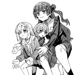  >:( 3girls akiha_school_uniform bang_dream! bang_dream!_yumemita closed_mouth dodgeball_(sport) frown gattai_(hunter_x_hunter) greyscale hair_bun hair_ornament hairclip hellfire00001 highres long_hair long_sleeves minetsuki_ritsu mole mole_under_mouth monochrome multiple_girls nakamachi_arale one_side_up open_mouth parody playing_sports pose_imitation scene_reference school_uniform short_hair simple_background single_side_bun skirt v-shaped_eyebrows viola_(bang_dream!) white_background x_hair_ornament 