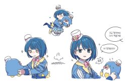  1girl ? ?? bird blue_eyes blue_hair blush bow closed_mouth darami hands_up hat holding hug kiritani_haruka korean_text long_sleeves looking_at_viewer nervous_sweating official_alternate_costume open_mouth penguin pink_bow project_sekai sanrio short_hair simple_background sparkle sweat thigh-highs translation_request tuxedo_sam white_background white_hat 