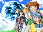  3boys 3girls 90s alex_noah bandanna bird blue_eyes blue_hair dress hair_over_shoulder headband jessica_de_alkirk kyle_(lunar) luna_(lunar) luna_noah lunar lunar:_the_silver_star markings mia_ausa multiple_boys multiple_girls nall_(lunar) nash_rumack pointy_ears ponytail sword weapon 