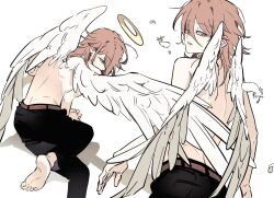  1boy angel_devil_(chainsaw_man) angel_wings barefoot belt black_pants brown_belt chainsaw_man falling_feathers feathered_wings feathers from_behind hair_between_eyes halo highres long_hair male_focus multiple_boys multiple_views on_floor pants parted_lips simple_background soles suit_pants teeth toes topless_male traditional_halo tus_oo white_background wings 