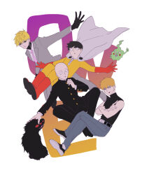  bald bodysuit bowl_cut cape commentary_request curly_hair ekubo_(mob_psycho_100) gakuran genos gloves gloves_over_sleeves grey_suit jumpsuit kageyama_shigeo male_focus mob_psycho_100 multiple_boys necktie one-punch_man pink_necktie red_gloves reigen_arataka saitama_(one-punch_man) san2_10 school_uniform suit superhero_costume white_cape yellow_bodysuit yellow_jumpsuit 