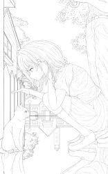  1boy 1girl absurdres adjusting_hair ahoge cappu_chino1204 cat closed_mouth commentary from_side full_body hair_between_eyes hand_up highres kneehighs leaning_forward lineart loafers looking_at_animal looking_down make_heroine_ga_oo_sugiru! medium_hair monochrome outdoors perspective pleated_skirt profile reflection reflective_floor school_uniform shirt shoes short_sleeves skirt smile socks solo_focus split_mouth squatting standing tsuwabuki_high_school_uniform yanami_anna 