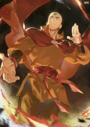  1boy aang aerokinesis arrow_(symbol) arrow_tattoo avatar:_aang_the_last_airbender avatar:_the_last_airbender avatar_legends bald blue_tattoo brown_robe commentary forehead_tattoo head_tattoo highres male_focus monk robe snvvvo solo tattoo wind 