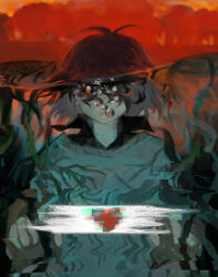  1other air_bubble algae antenna_hair brown_hair bubble chinese_commentary covered_eyes deltarune facing_viewer glitch greenheart heart holding_hands kris_(deltarune) mouth_submerged other_focus out_of_frame parted_lips partially_submerged partially_underwater_shot pixel_heart red_soul_(utdr) short_hair solo_focus soul_(utdr) straight-on upper_body utdr_(toby_fox) water weird_route_(deltarune) 
