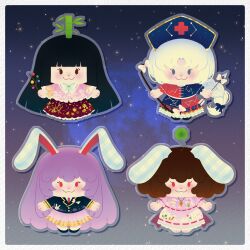  4girls :3 animal_ears animal_print arrow_(projectile) back_bow bamboo bamboo_print black_eyes black_hair black_jacket blazer blue_bow blue_dress blue_hat blush bow bow_(weapon) bowtie braid branch brown_hair carnelscorner carrot_necklace chibi chibi_only clover collared_shirt commentary constellation_print cross cross_print dress english_commentary floppy_ears four-leaf_clover frilled_shirt_collar frilled_skirt frilled_sleeves frills full_body green_bow green_bowtie grey_hair hair_bow hat highres holding holding_arrow holding_bow_(weapon) holding_branch holding_weapon houraisan_kaguya inaba_tewi jacket jeweled_branch_of_hourai jewelry long_hair long_skirt long_sleeves multiple_girls necklace necktie nurse_cap pendant pink_dress pink_shirt pink_skirt print_dress print_hat print_skirt purple_bow purple_hair rabbit_ears rabbit_girl rabbit_print red_cross red_dress red_eyes red_necktie red_skirt reisen_udongein_inaba ribbon-trimmed_dress ribbon_trim shirt single_braid skirt smile touhou two-tone_dress very_long_hair weapon white_shirt wide_sleeves yagokoro_eirin 