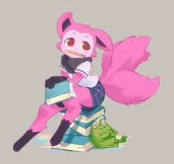  1girl :3 alternate_costume ancesra animal_ears animal_feet animal_hands animal_nose barefoot black_fur blue_skirt body_fur book book_stack closed_eyes closed_mouth feet fox_ears fox_girl fox_tail frog furry furry_female grey_background holding holding_book looking_to_the_side miniskirt mouth_hold multicolored_fur multiple_tails neck_fur non-web_source on_book pink_fur plaid_clothes plaid_skirt pleated_skirt red_eyes rock-g_(telemonster) school_uniform shirt short_sleeves sideways_glance simple_background sitting skirt sleeping solo_focus tail telemonster u_u white_shirt yossi_(telemonster) 