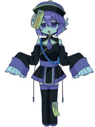  1girl alternate_costume black_boots black_dress black_hat boots commentary_request dress drooling hat highres jiangshi long_sleeves looking_at_viewer mouth_drool open_mouth purple_hair short_dress simple_background sleeves_past_fingers sleeves_past_wrists solo standing straight-on thigh_boots utane_uta utau violet_eyes white_background youguret37 