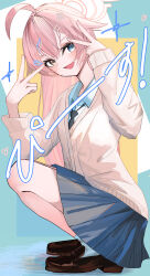  1girl :d absurdres ahoge alternate_costume black_necktie blue_archive blue_background blue_eyes blue_skirt blush brown_shoes cardigan collared_shirt commentary_request double_v dress_shirt eyelashes fang full_body gyaru hair_ornament hairclip halo hands_up heart heart_hair_ornament heterochromia highres hoshino_(blue_archive) loafers long_hair long_sleeves looking_at_viewer miniskirt necktie open_mouth parallel_hairclips partial_commentary pink_hair pink_halo pleated_skirt shinonome_(jugg7238) shirt shoes simple_background skin_fang skirt smile socks solo sparkle squatting star_(symbol) star_hair_ornament straight_hair v very_long_hair white_shirt white_socks yellow_cardigan yellow_eyes 