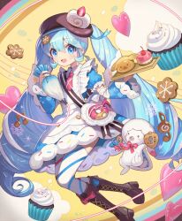  1girl animal apron aqua_eyes aqua_hair asymmetrical_legwear blue_bow blue_dress blue_eyes blue_hair blue_sleeves blush boots bow bowtie bread brown_boots brown_hat character-themed_food commentary_request cookie dessert detached_sleeves doughnut dress dress_bow food food-themed_clothes food-themed_hat_ornament frilled_apron frills fruit full_body fur-trimmed_dress fur-trimmed_sleeves fur_trim hair_between_eyes hair_ornament hat hat_ornament hatsune_miku holding holding_key holding_pastry_bag key knee_boots long_hair long_sleeves looking_at_viewer lunaticmed mismatched_legwear necktie official_alternate_costume official_alternate_hairstyle open_mouth pantyhose pastry_bag pink_necktie puffy_sleeves rabbit_yukine revision short_sleeves smile snowflake_print striped_clothes striped_pantyhose twintails two-tone_sleeves very_long_hair vocaloid wavy_hair white_apron yellow_background yuki_miku yuki_miku_(2026) 