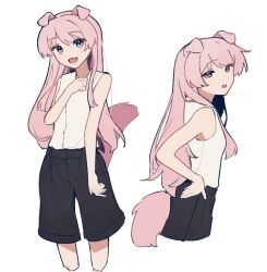  1girl animal_ears bang_dream! bang_dream!_it's_mygo!!!!! black_shorts blush chihaya_anon chinese_commentary commentary_request dog_ears dog_girl dog_tail grey_eyes highres kemonomimi_mode long_hair multiple_views nekohige0123 open_mouth pink_hair shirt shorts simple_background sleeveless sleeveless_shirt tail white_background white_shirt 
