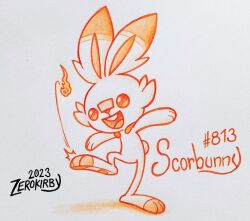  artist_name commentary dated english_commentary fire full_body highres monochrome motion_lines open_mouth orange_theme pokedex_number pokemon pokemon_(creature) pokemon_focus scorbunny smile solo standing standing_on_one_leg teeth traditional_media upper_teeth_only white_background zerokirbyarts 