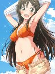  1girl armpits artist_request bikini blush breasts brown_hair green_eyes hair_ornament hairclip himekawa_yuki idolmaster idolmaster_cinderella_girls long_hair navel open_mouth smile solo stomach swimsuit 