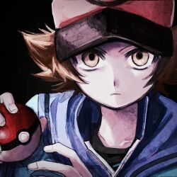  1boy arms_up baseball_cap black_background black_hat black_shirt blue_jacket brown_eyes brown_hair closed_mouth commentary_request crew_neck flipped_hair frown hat highres hilbert_(pokemon) holding holding_poke_ball jacket looking_at_viewer madai_(si_202) male_focus multicolored_hat poke_ball poke_ball_(basic) pokemon pokemon_black_and_white portrait red_hat sanpaku shirt short_hair simple_background solo 