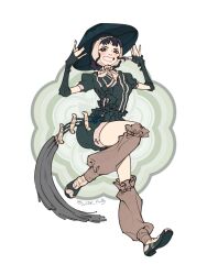  1girl black_hair blunt_bangs breasts brown_eyes detached_leggings detached_sleeves double_bun full_body green_hair green_romper green_shorts green_sleeves grin hair_bun highres kpop_demon_hunters medium_breasts ribbed_sleeves shorts sidelocks smile solo tassel teeth twintails updo white_background wise_fully zoey_(kpop_demon_hunters) 