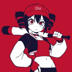  angry baseball_bat bbyong403 blue_hair blue_jacket blue_pants commentary_request drill_hair dynamic_pose gloves hair_between_eyes hat jacket kasane_teto korean_commentary long_eyelashes looking_at_viewer multicolored_jacket pants red_eyes red_gloves red_hat red_shirt shirt twin_drills upper_body utau wide_hips 