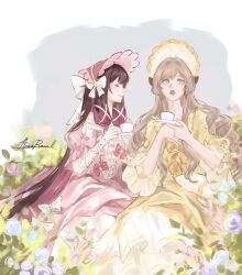  2girls artist_name black_bow black_hair blue_eyes blue_flower bonnet bow brown_hair colored_inner_hair columbina_(genshin_impact) cup dress facing_another facing_to_the_side flower flowerrain_11 frilled_bonnet frilled_dress frilled_sleeves frills genshin_impact hair_bow hair_ornament half_updo highres holding holding_cup holding_saucer leaf long_dress long_hair looking_to_the_side looking_up multicolored_hair multiple_girls off-shoulder_dress off_shoulder pink_bonnet pink_dress pink_flower plant puffy_short_sleeves puffy_sleeves purple_flower purple_hair red_bow ringlets rococo_movement sandrone_(genshin_impact) saucer short_sleeves simple_background sitting stomacher streaked_hair swept_bangs teacup very_long_hair watermark white_bow wrist_bow x_hair_ornament yellow_bonnet yellow_bow yellow_dress yuri 