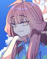  1girl absurdres aru_(blue_archive) blue_archive blue_sky closed_mouth commentary halo highres long_hair looking_at_viewer neophyte outdoors pink_hair pink_halo sidelocks sky solo upper_body 