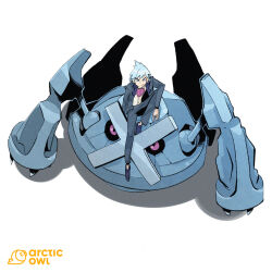  1boy artist_name black_sclera blue_eyes blue_hair blue_jacket blue_pants colored_sclera elarcticowl english_commentary full_body jacket male_focus metagross pants pokemon pokemon_(creature) pokemon_omega_ruby_and_alpha_sapphire riding riding_pokemon shadow sitting steven_stone white_background 