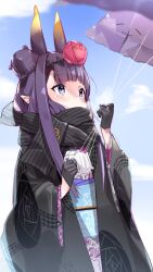  black_gloves black_hair black_haori black_kimono black_scarf blue_eyes blue_sky blunt_bangs blush braid braided_base bun_with_braided_base commentary cowboy_shot double_bun enpera flat_chest flower furisode gloves gradient_hair hair_bun hair_flower hair_horns hair_ornament half_gloves haori highres holding holding_string hololive hololive_english japanese_clothes kimono kite kite_flying long_hair long_sidelocks looking_afar looking_up mole mole_under_eye multicolored_hair ninomae_ina'nis ninomae_ina'nis_(new_year) official_alternate_costume official_alternate_hairstyle orange_hair pointy_ears print_kimono scarf sidelocks sky steam straight_hair string takodachi_(ninomae_ina'nis) tentacle_hair untranslatable_commentary very_long_hair virtual_youtuber yuyaiyaui 