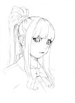  1girl bangs blunt_bangs blush bonten bow bowtie buttons collared_shirt ears face greyscale hair_ribbon high_ponytail highres lips long_hair long_ponytail looking_at_viewer monochrome ponytail portrait ribbon shirt sidelocks simple_background sketch solo traditional_media white_background 