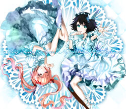 2girls akiha_rumiho animal_ears ballet_slippers black_hair bloomers cat_ears dress edo_mond_(edoedoedomond) fake_animal_ears hairband long_hair looking_at_viewer multiple_girls outstretched_arm pink_eyes pink_hair red_ribbon ribbon rotational_symmetry science_adventure shiina_mayuri short_hair steins;gate twintails white_background white_dress 