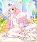  1girl ahoge anklet arm_support bare_back bare_shoulders barefoot barefoot_sandals blush breasts dress feathered_wings feet jellybear jewelry long_hair orange_eyes original pink_hair sideboob signature sitting smile solo very_long_hair watermark wavy_hair wavy_mouth web_address wings 