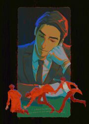  ayabe_kazuya black_hair black_jacket black_necktie clone closed_mouth collared_shirt facial_hair falling formal_clothes gloves hair_slicked_back highres jacket judge_eyes kuroiwa_mitsuru looking_at_another mature_male multiple_boys necktie ohprcr pants running ryuu_ga_gotoku_(series) shirt white_gloves white_shirt 